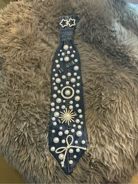 Embellished Denim Tie with Pearl & Silver Accents